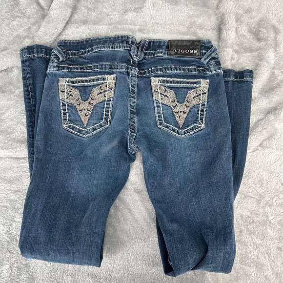 VIGOSS Womens Chelsea Flare Jeans Dark Wash Embellished Pockets Size 5/6 - Picture 2 of 12